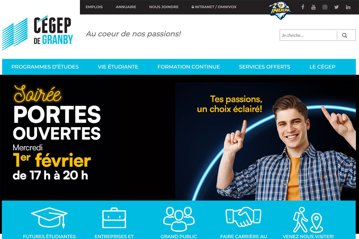 Page d'accueil du site Web du Cégep, où on voit une publicité pour les portes ouvertes