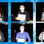 Mosaic de 6 photos d'étudiants avec un masque bleu, tenant un certificat