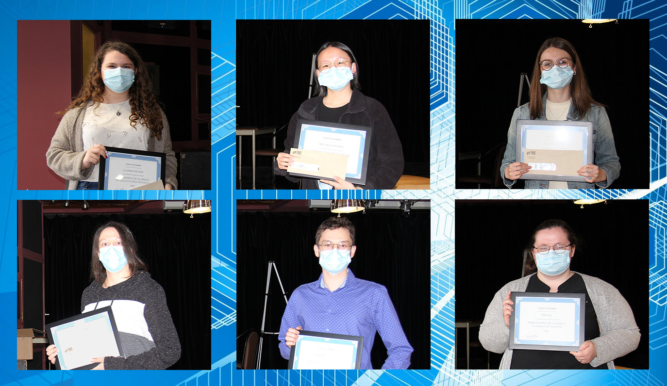 Mosaic de 6 photos d'étudiants avec un masque bleu, tenant un certificat