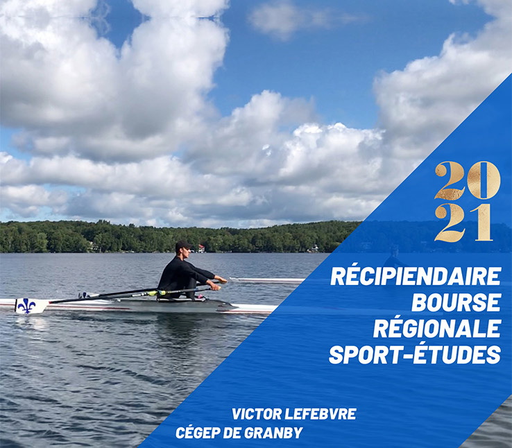 Rameur dans son kayac, dans le coin inférieur droit le texte : 2021 Récipiendaire bourse régionale sports-études Victor Lefebvre Cégep de Granby