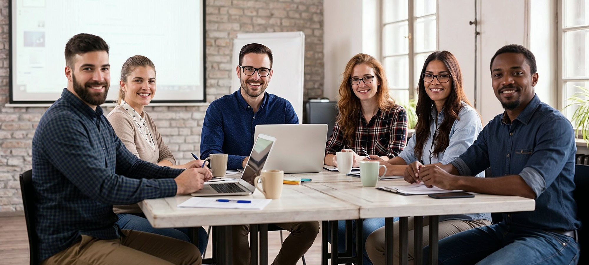 Six personnes assises à une table de conférence