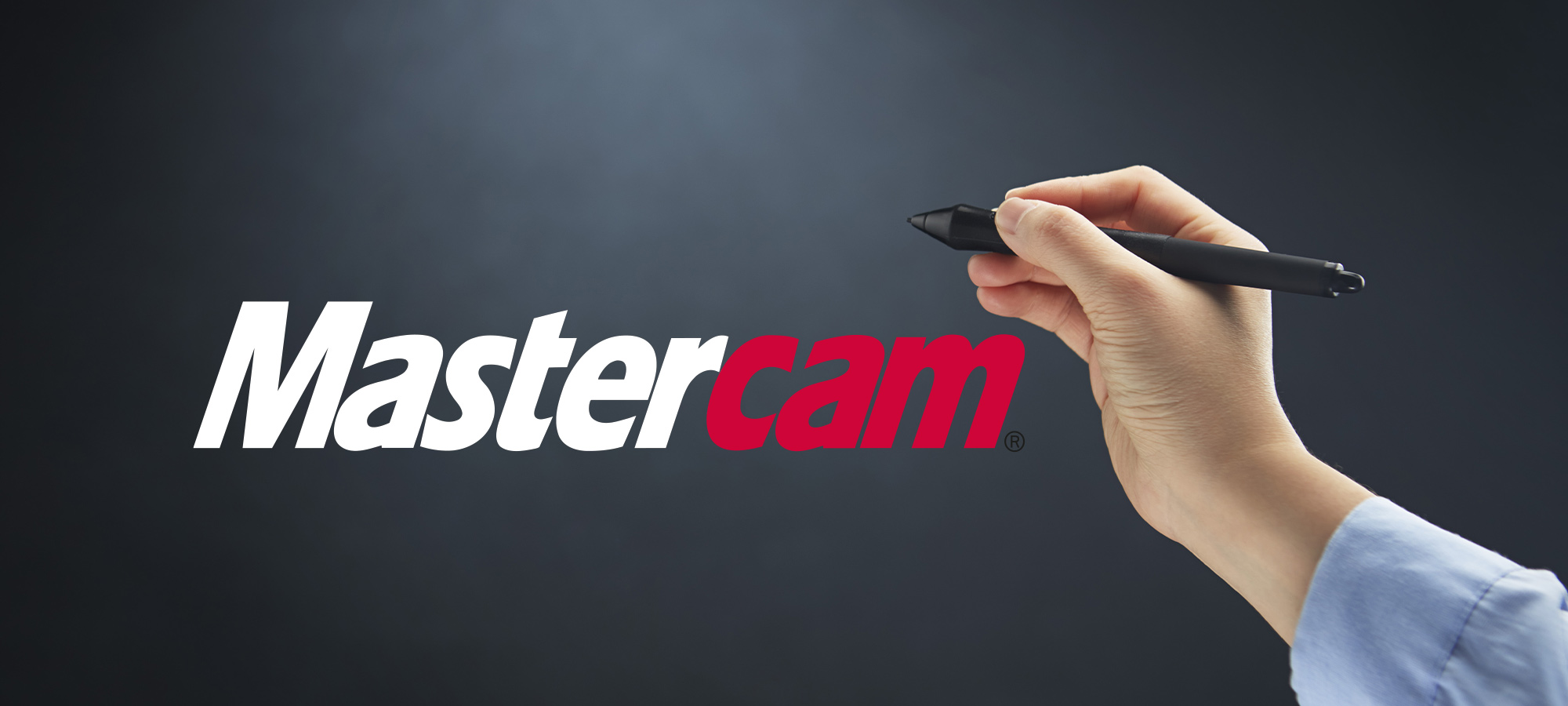 Logo Mastercam avec une main qui tient un stylet