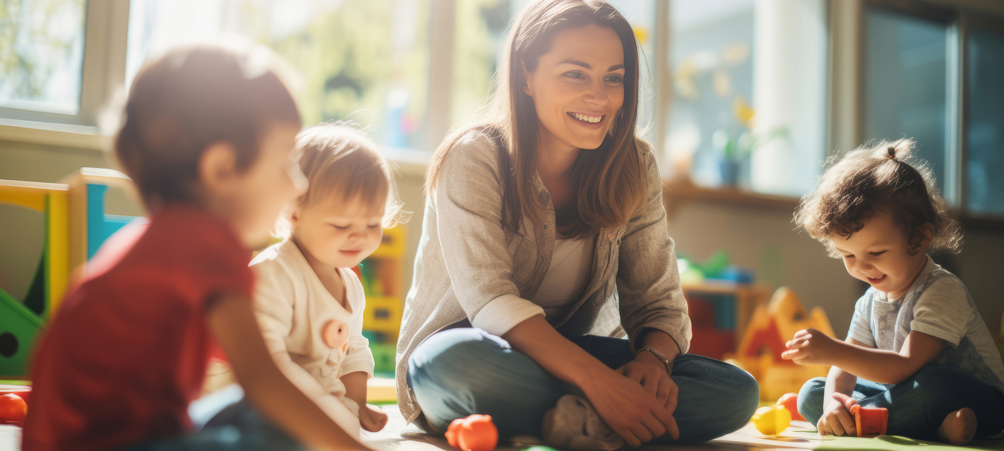 Une éducatrice entourée de 3 jeunes enfants dans une salle de jeu