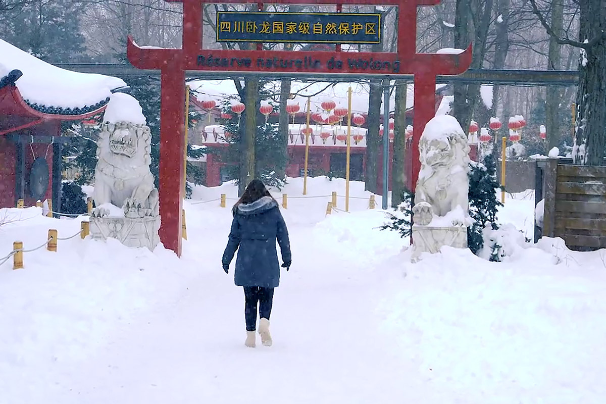 Jeune femme de dos marchant dans la neige vers le pavillon chinois