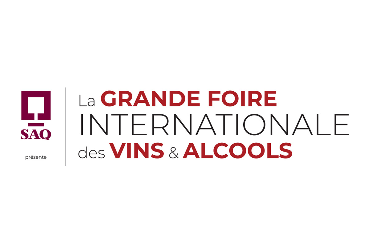 Logo de la SAQ et texte : La Grande foire internationale des vins & alcools, 23 avril 2023, Centre Notre-Dame Granby