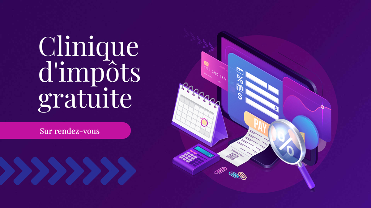 Affiche de la Clinique d'impôts avec la mention gratuite et sur rendez-vous.