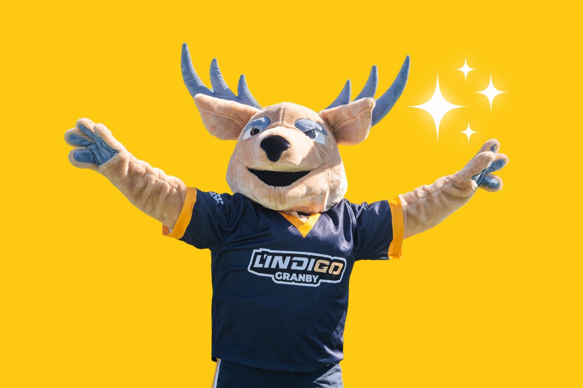 Mascotte avec tête de cerf et tshirt des équipes L'indigo