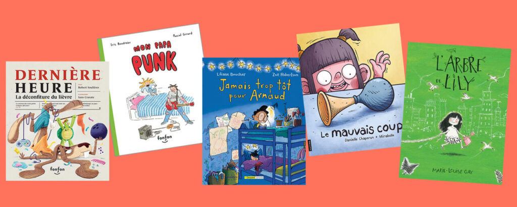Couvertures des cinq albums du Prix intercollégial de littérature jeunesse 2025