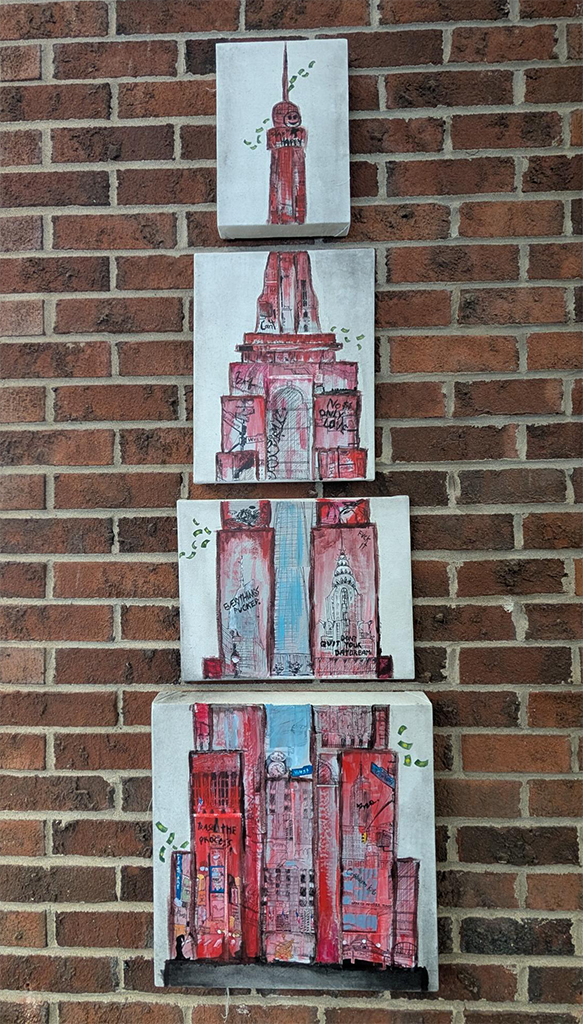 Oeuvre à l'acrylique, formée de 4 toiles représentant l'Empire state building