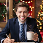 Dans un bureau décoré pour Noël, un homme souriant tient une tasse