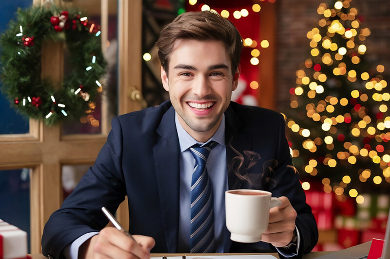 Dans un bureau décoré pour Noël, un homme souriant tient une tasse