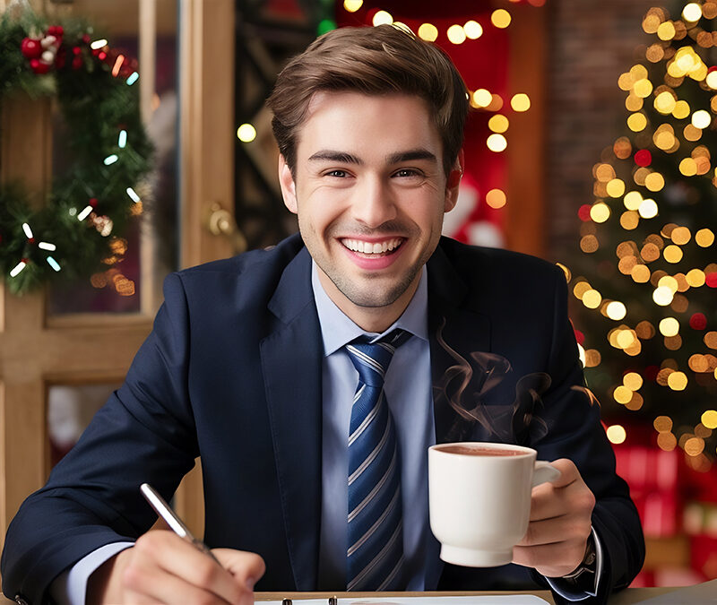 Dans un bureau décoré pour Noël, un homme souriant tient une tasse