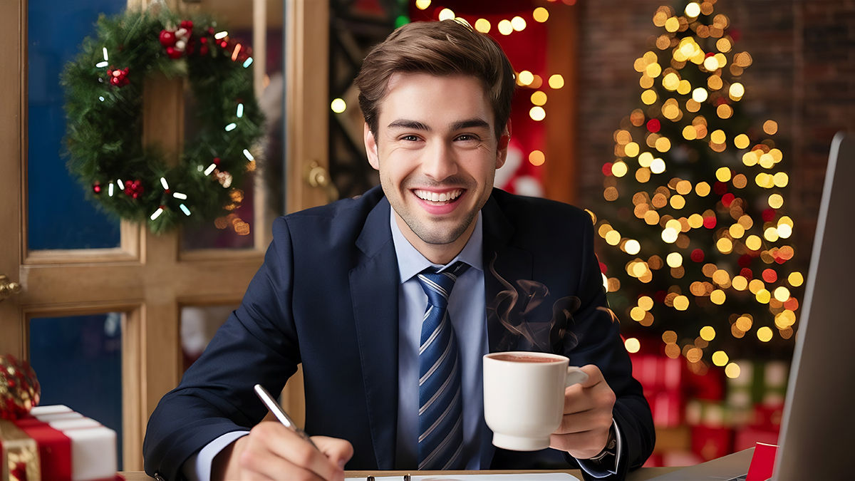 Dans un bureau décoré pour Noël, un homme souriant tient une tasse