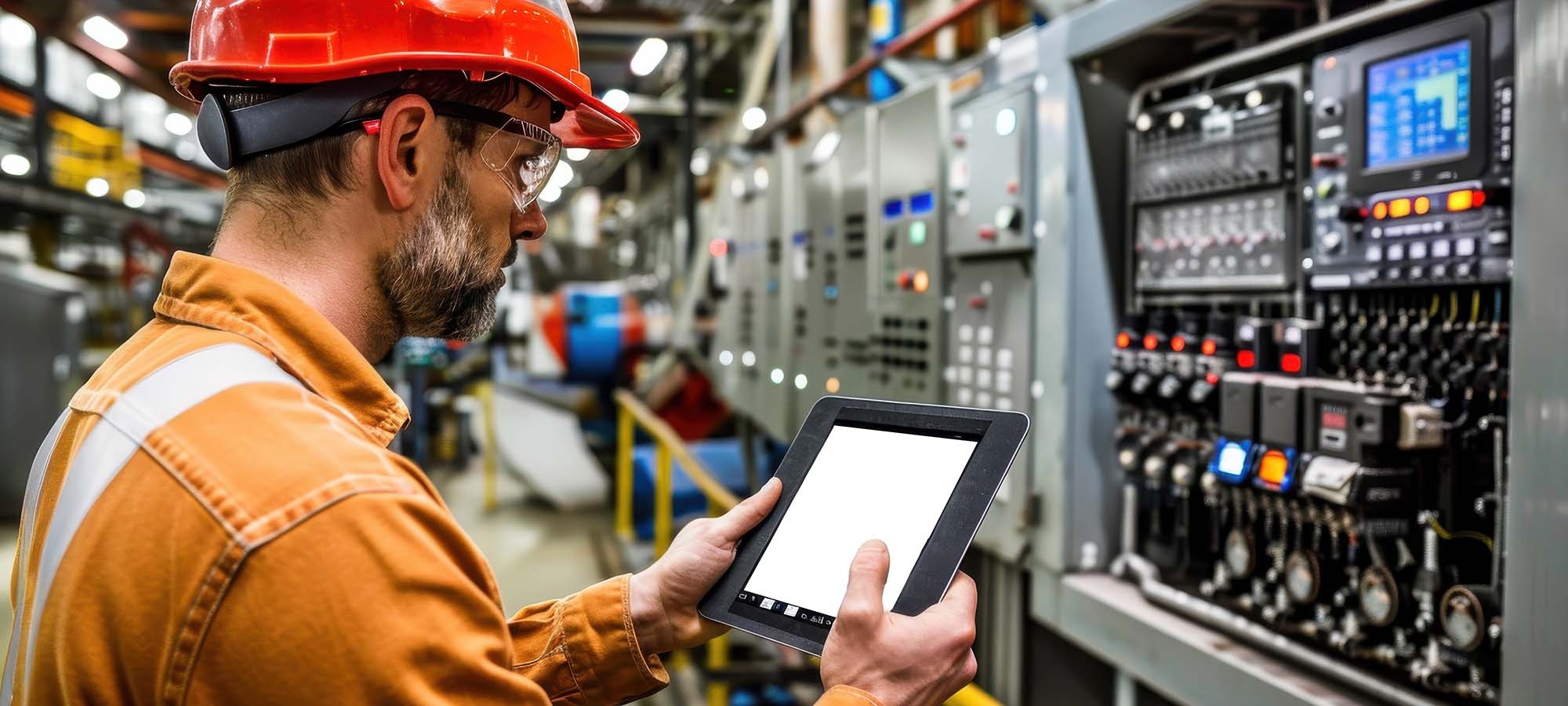 Dans une usine, un homme tient une tablette devant un panneau de contrôle