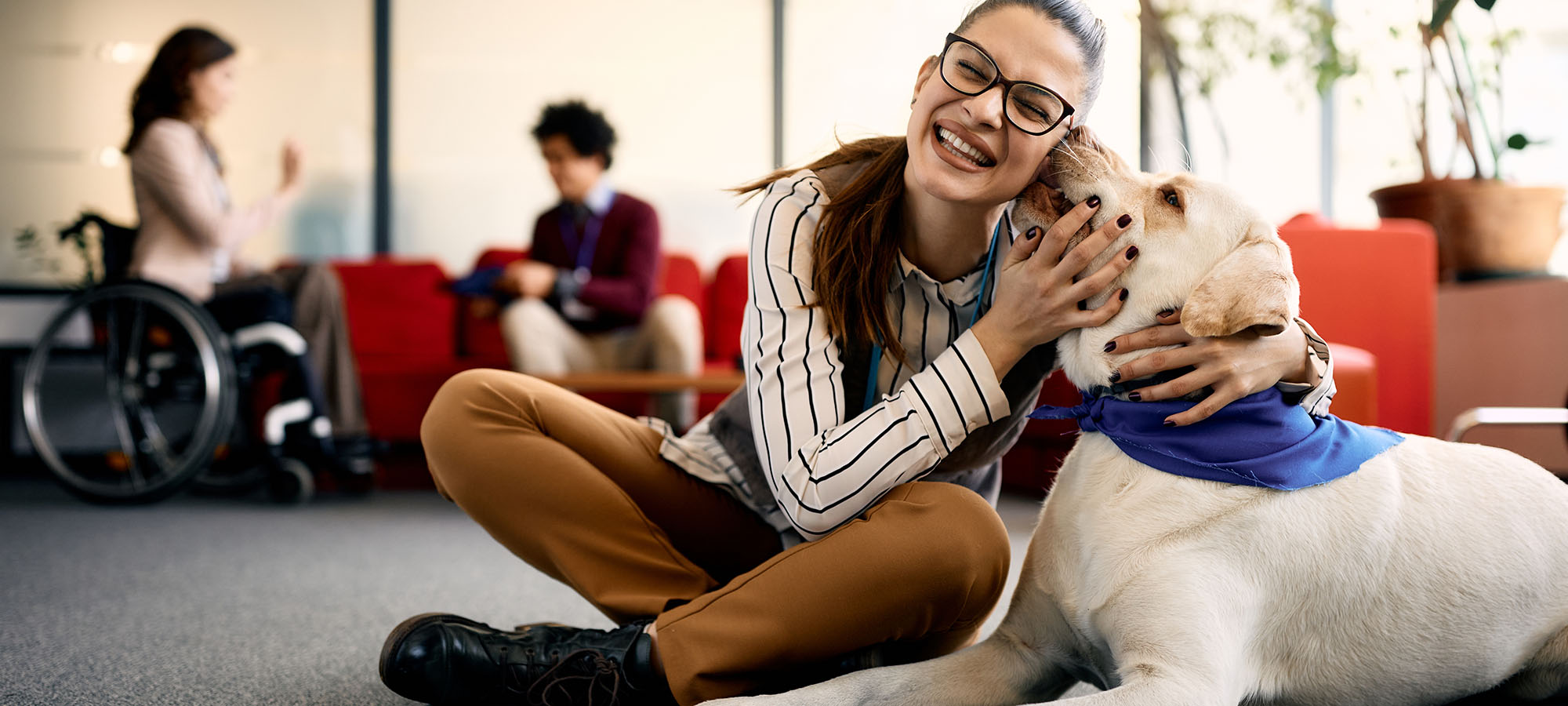 Une jeune femme assise par terre enlace un chien